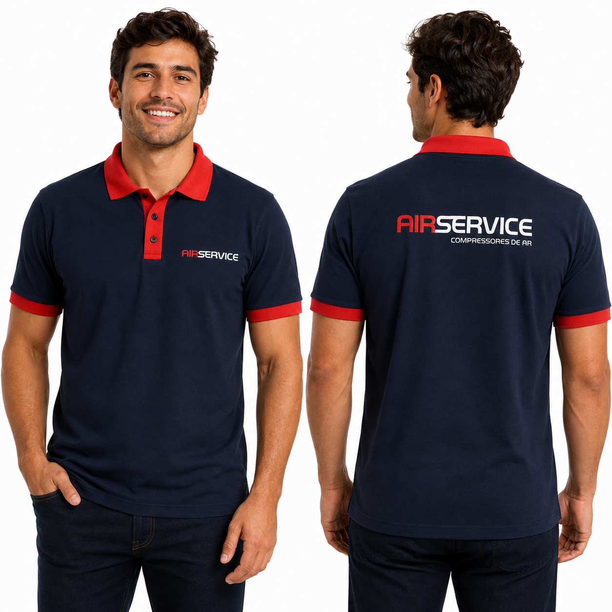 Polo masculina personalizada em azul-marinho e vermelho